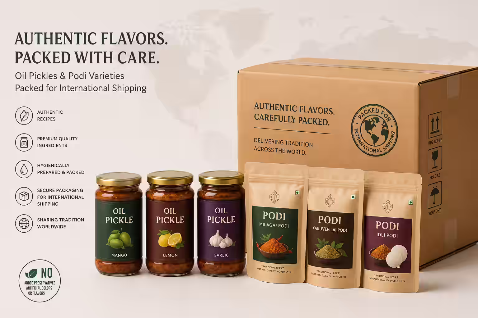 Homemade pickles, podi and spice mixes ready to be packed for international courier from India