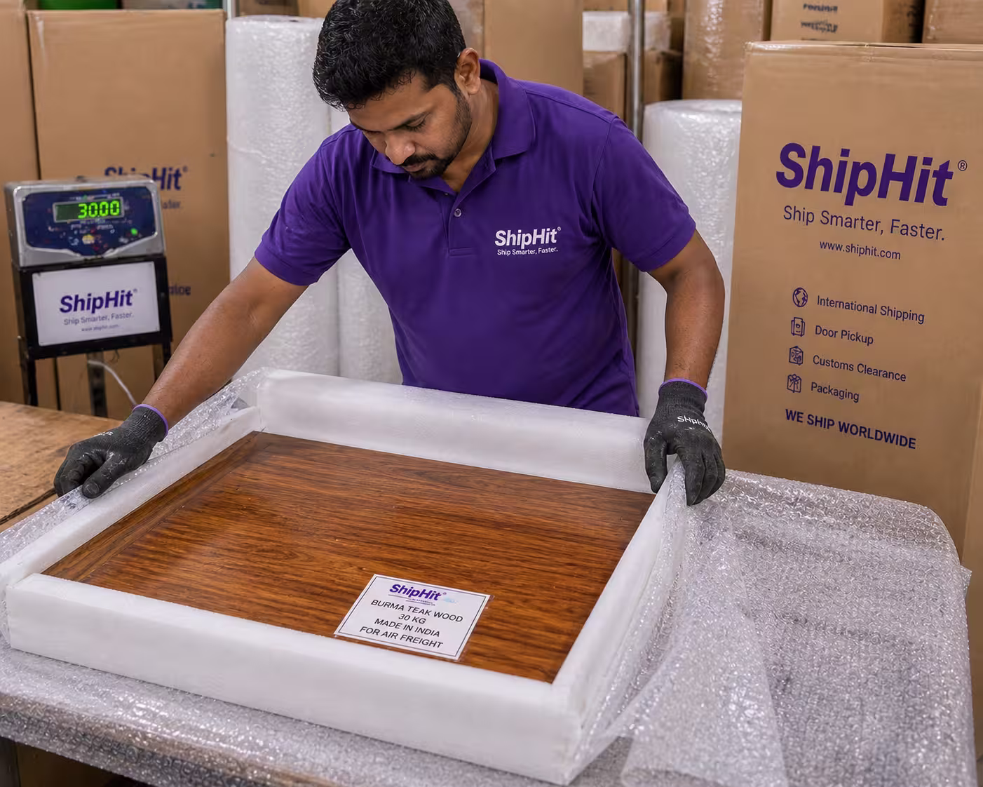ShipHit packing expert wrapping a 30KG Burma Teak wood piece with foam and bubble wrap for safe international air freight shipping from India