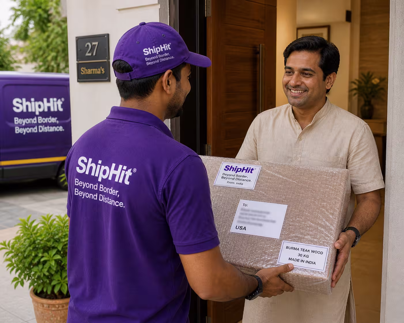 ShipHit delivery agent handing over an international teak wood parcel at a customer doorstep abroad with express shipping from India