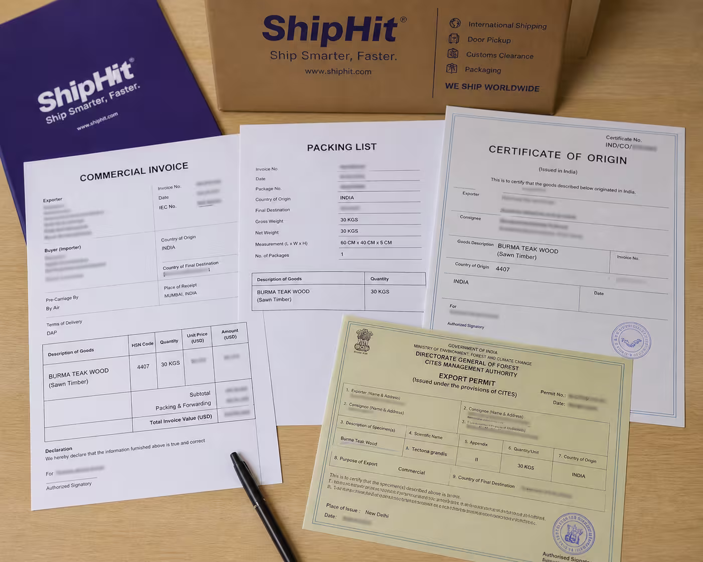 Customs clearance certifications and documents required for international teak wood shipping from India — commercial invoice, certificate of origin, and CITES permit
