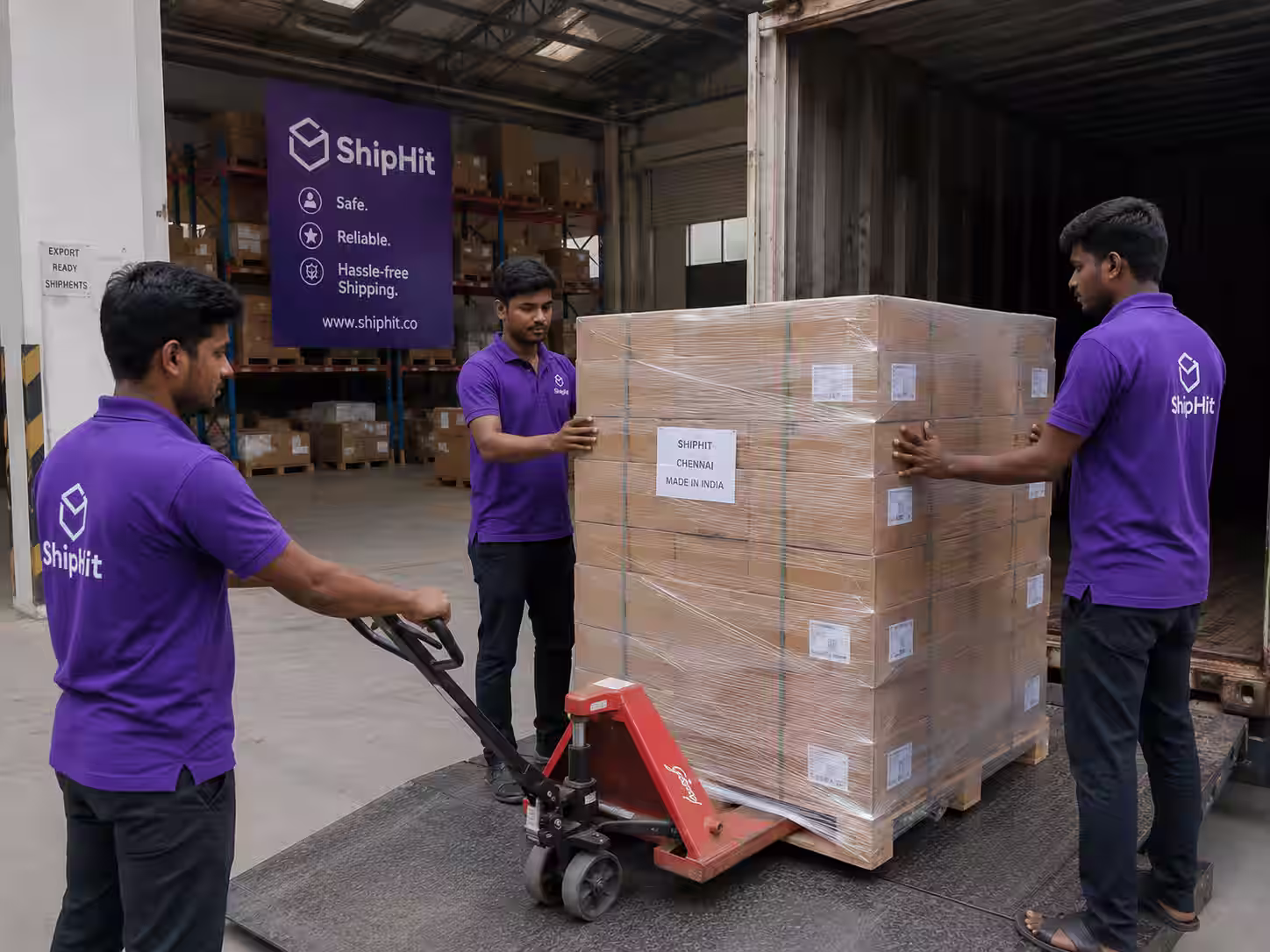 ShipHit team loading a palletised business consignment for international export from a Chennai warehouse