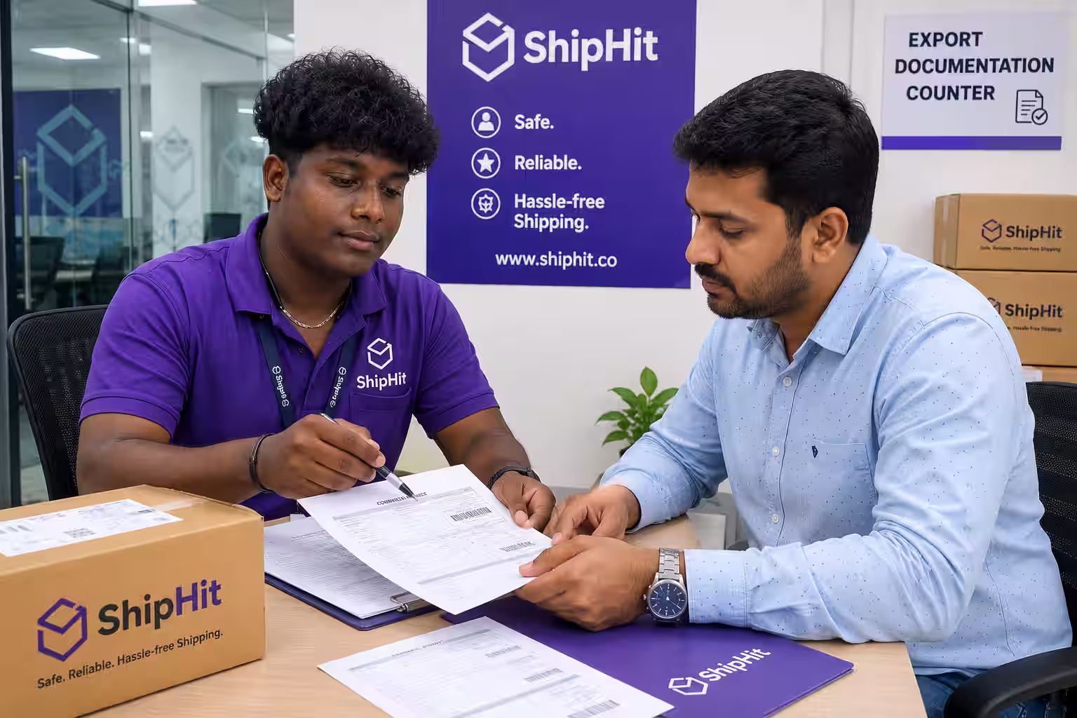 ShipHit executive verifying export documentation with a Chennai business owner before cargo pickup