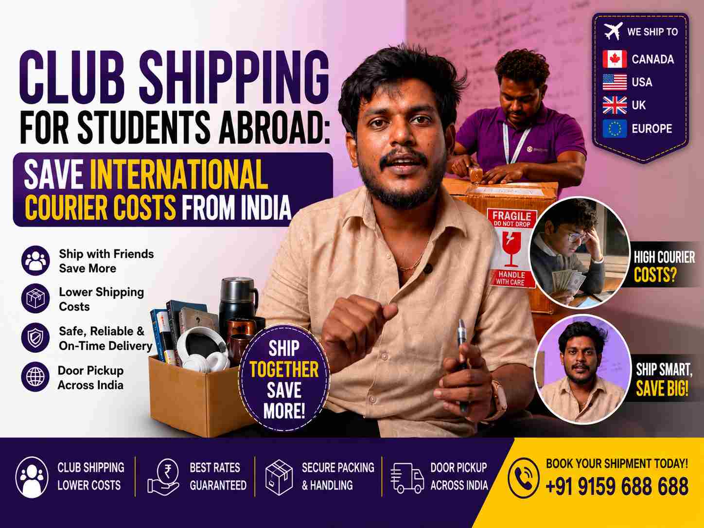 Club shipping for students abroad: save international courier costs from India with ShipHit