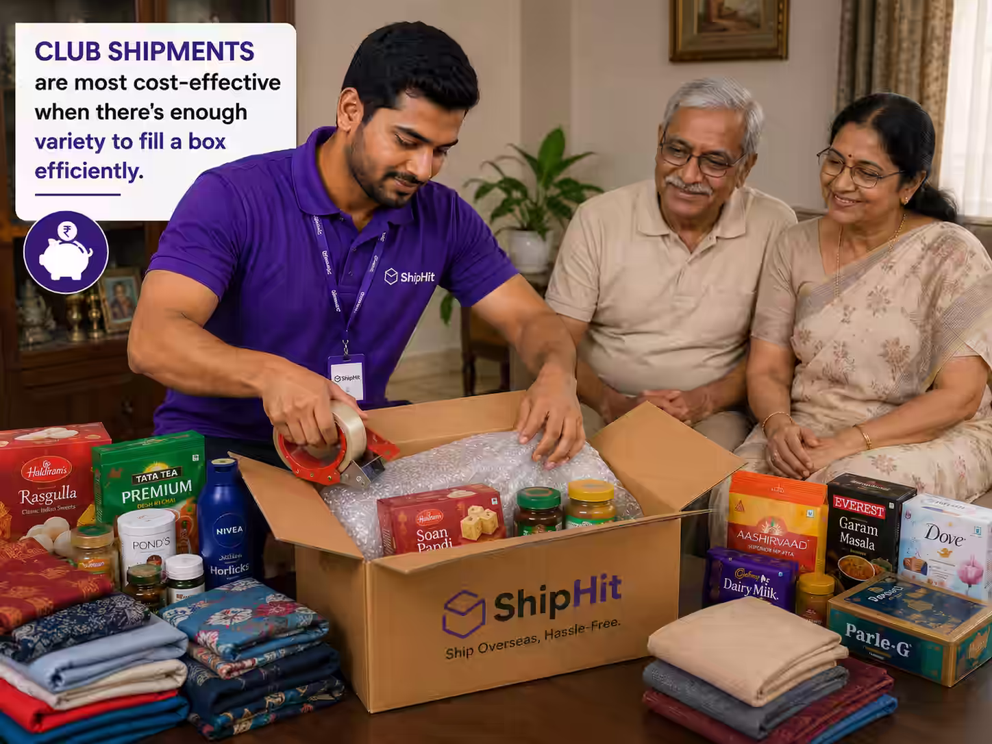 Cost-effective club shipment packing of groceries, snacks and essentials for international courier delivery