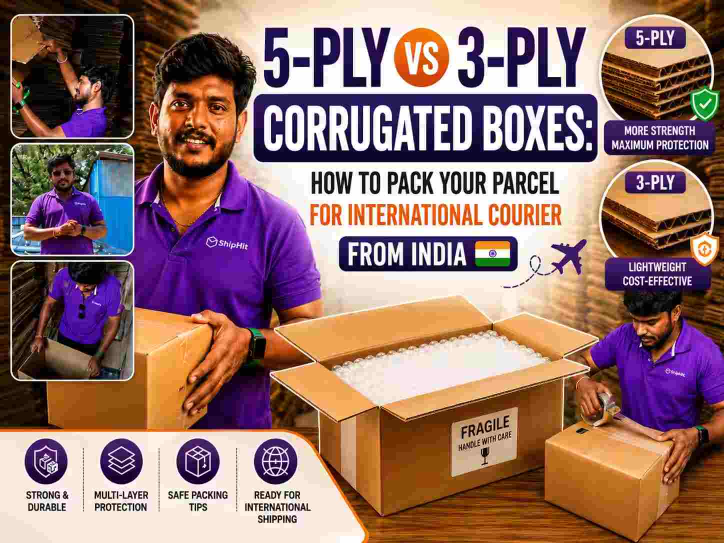 ShipHit comparison of 5-ply and 3-ply corrugated boxes for international courier packing from India