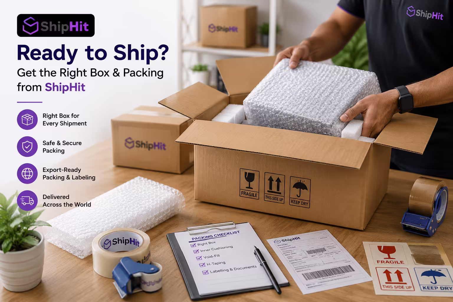 A correctly packed and sealed corrugated box ready for international courier pickup with ShipHit