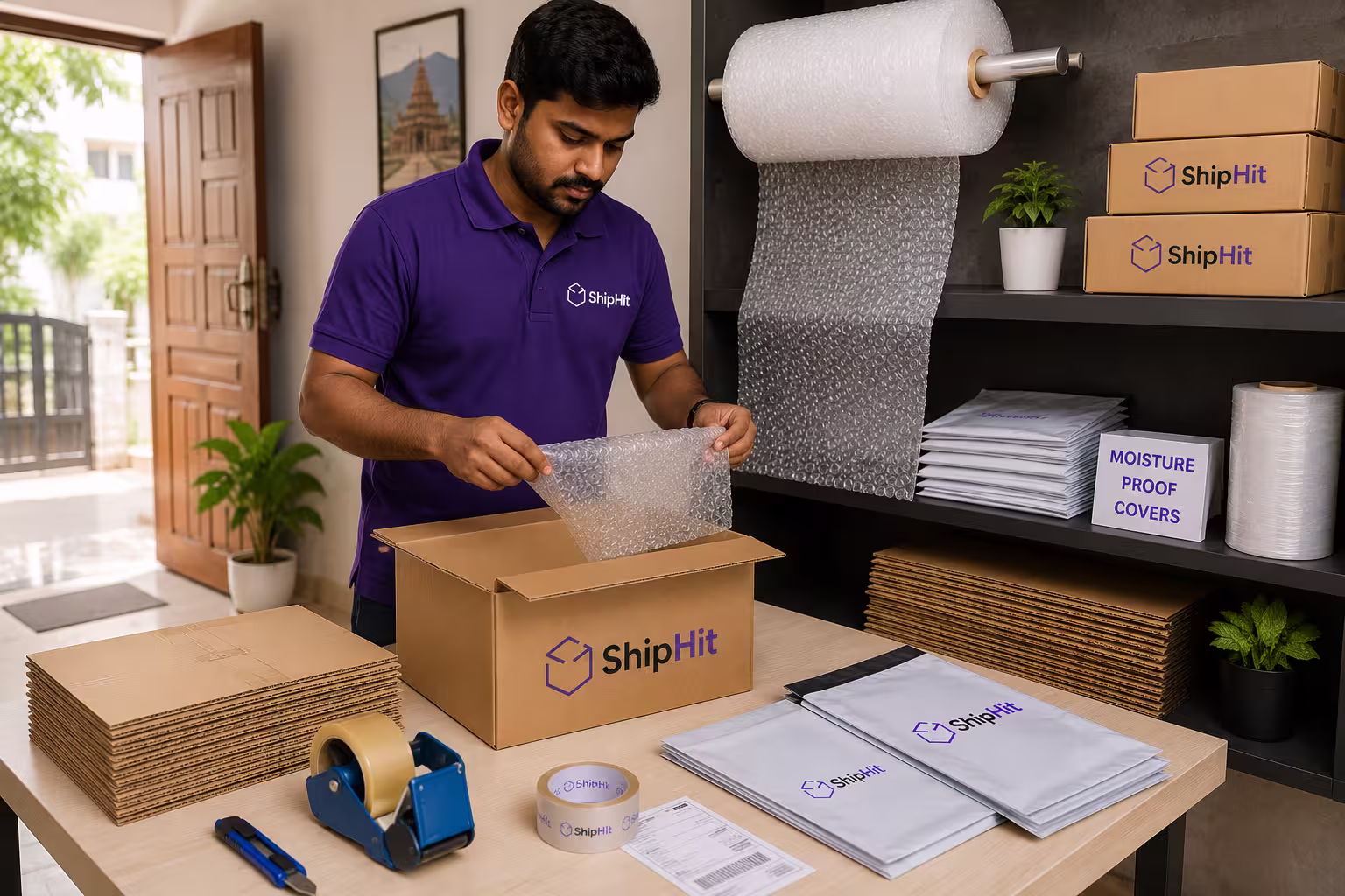 ShipHit executive packing materials laid out at a Coimbatore home — corrugated boxes, bubble wrap, moisture-proof covers