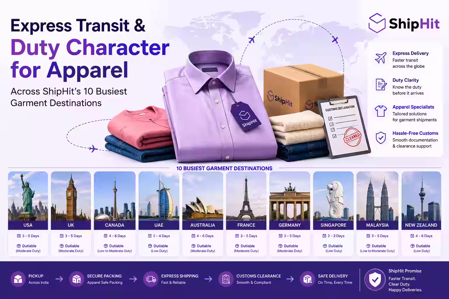 Express transit times and duty character for apparel across ShipHit's ten busiest garment destinations - USA, UK, Canada, UAE, Australia, France, Germany, Singapore, Malaysia and New Zealand
