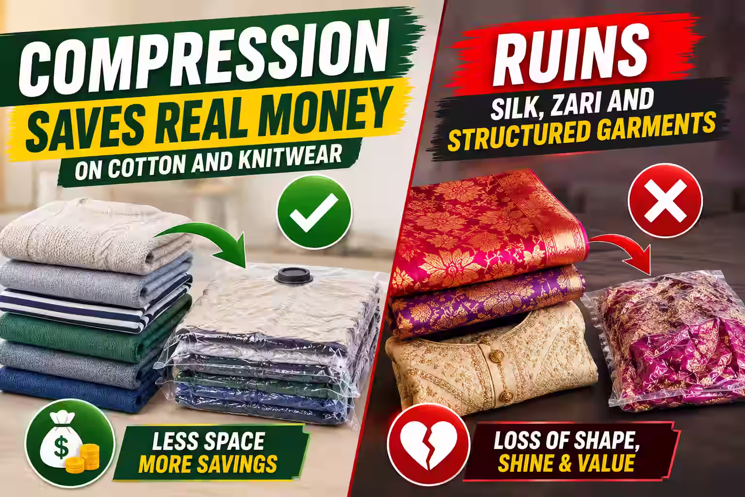 Vacuum packing versus folding garments for international courier - compression saves space on cotton and knitwear but ruins silk, zari and structured garments
