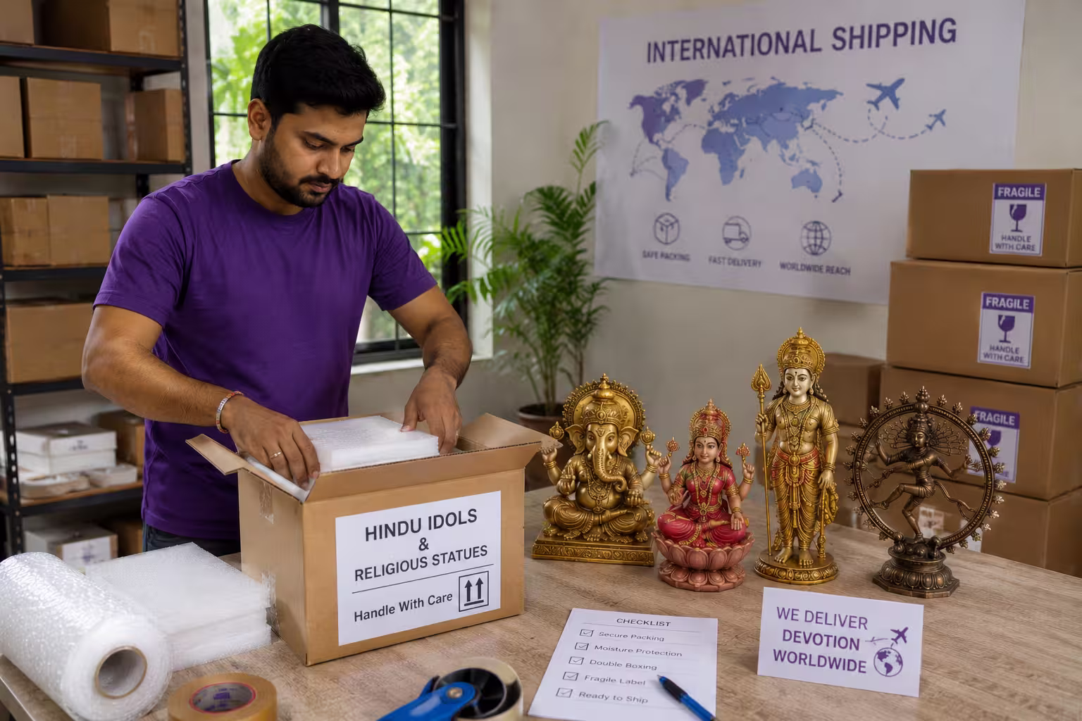 ShipHit specialist packing a Hindu idol for safe international courier from India to USA UK Canada