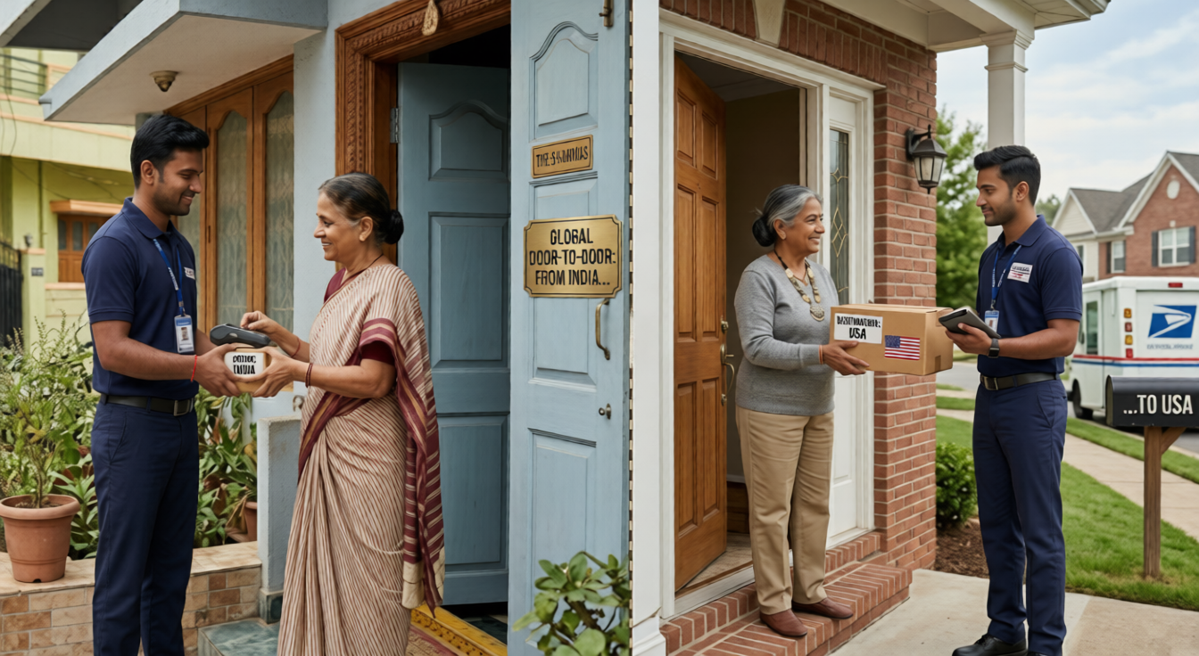 ShipHit delivery executive handing over a musical instrument parcel at a customer doorstep abroad