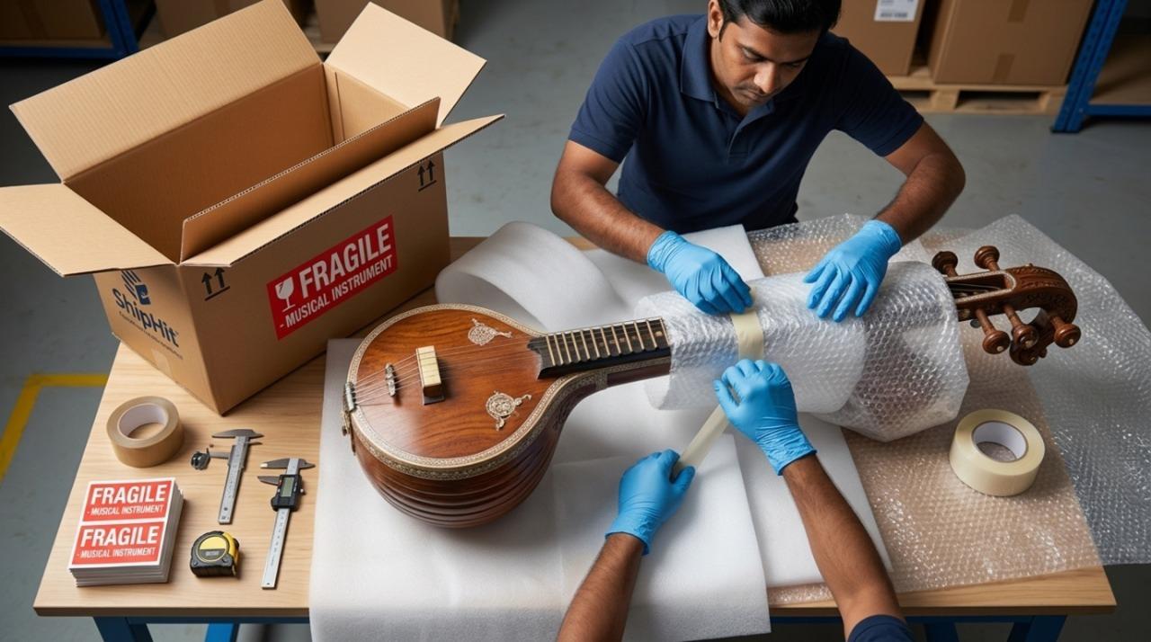ShipHit packing expert cushioning a musical instrument with bubble wrap and foam for safe international transit