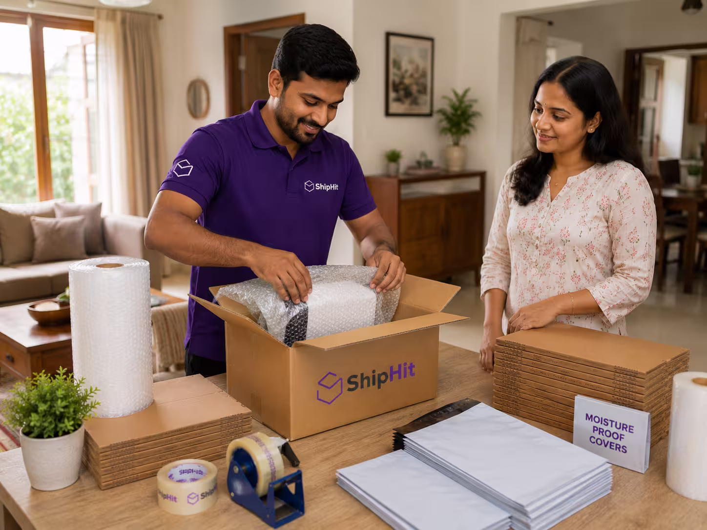 ShipHit pickup executive arriving at a Coimbatore home with packing materials for international courier