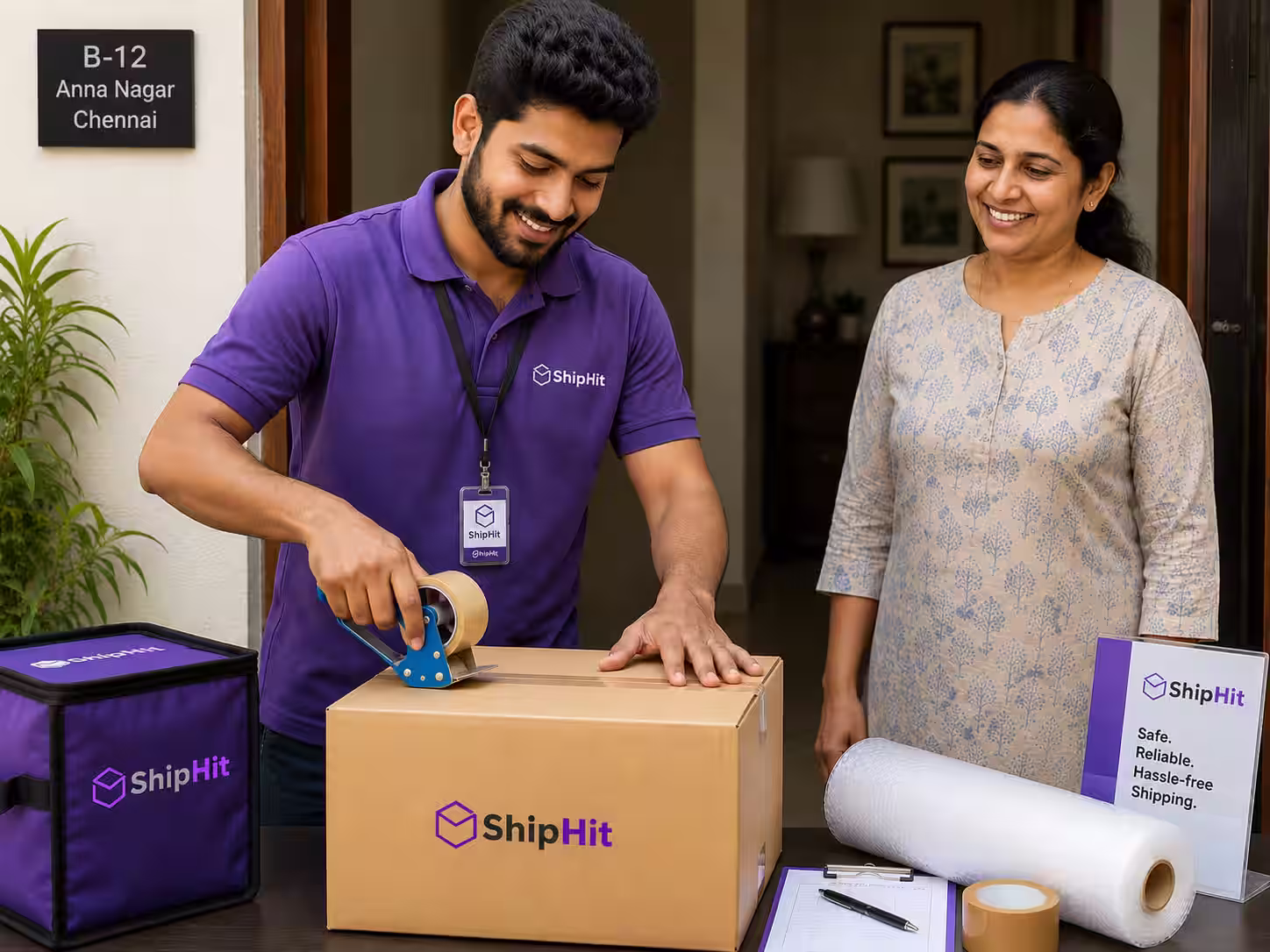 ShipHit's trained pickup executive packing a customer's parcel at their doorstep in Chennai