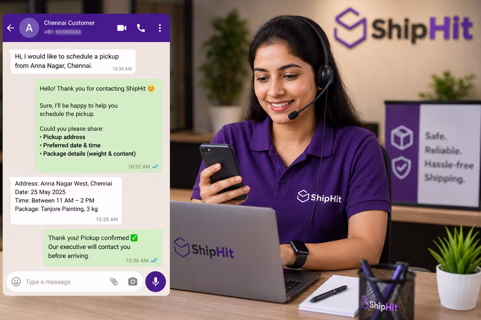 ShipHit team member confirming pickup details with a Chennai customer via WhatsApp