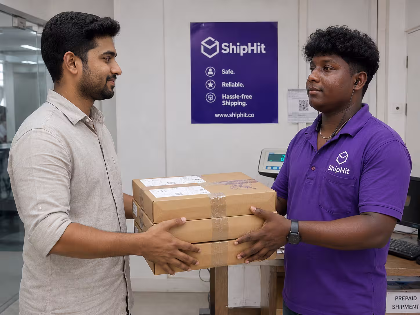 Small business owner in Chennai handing over a bulk parcel consignment to a ShipHit executive