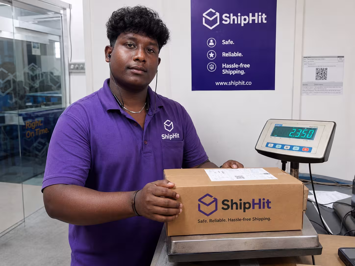 ShipHit pickup executive weighing a business consignment on a calibrated scale in Chennai
