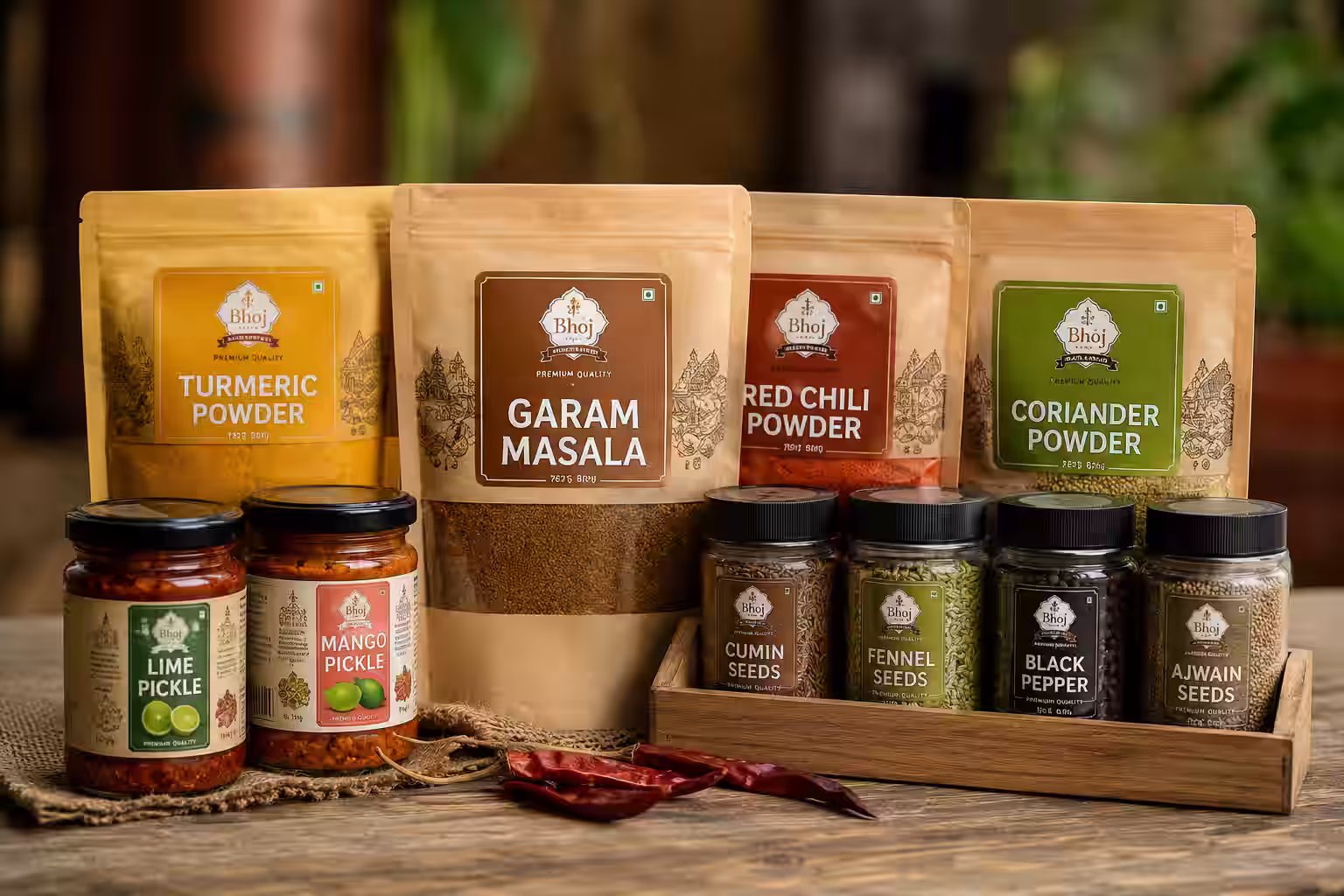 Packaged Indian spices, masala and pickles ready for international courier shipping