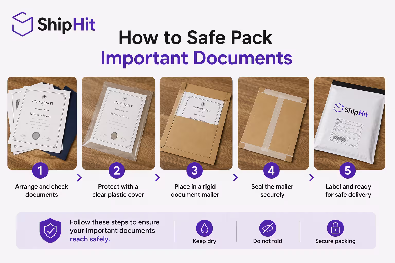 ShipHit pickup executive packing original certificates flat in a rigid document mailer for international courier from Coimbatore