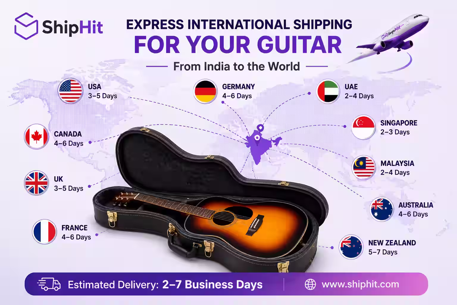 Guitar courier delivery times by country from India - express transit windows for the USA, UK, Canada, Australia, UAE, Singapore, Germany, France, Malaysia and New Zealand