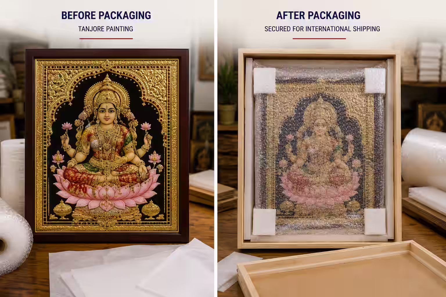 Tanjore painting wrapped in acid-free tissue and bubble wrap before crating for international shipping