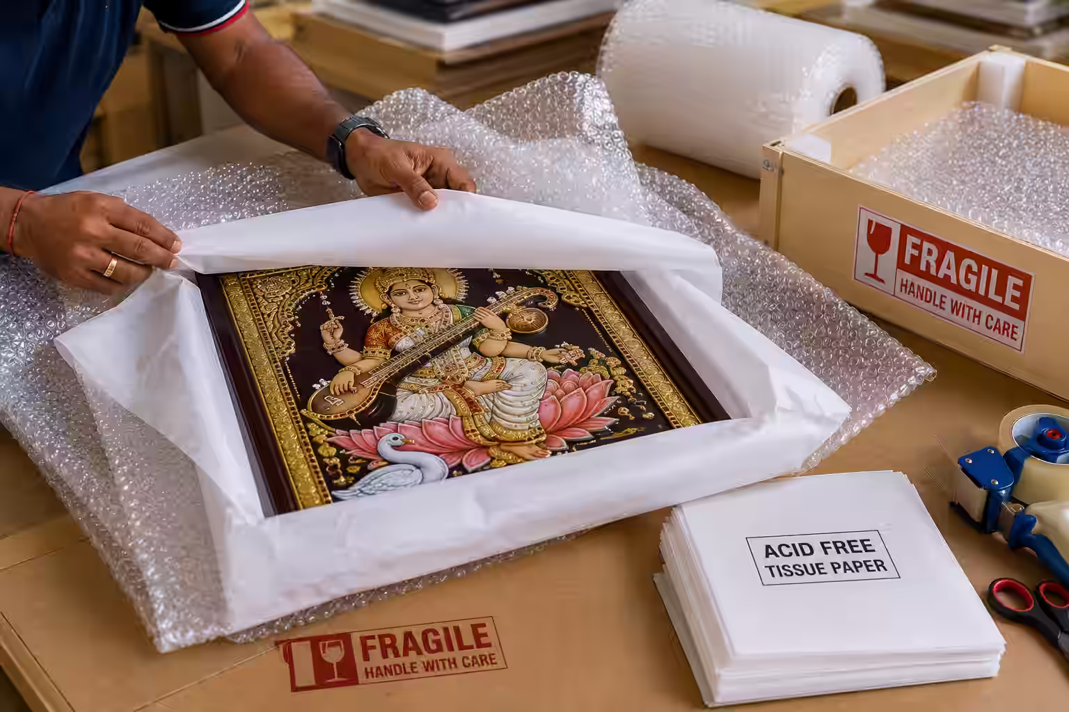 Tanjore paintings packed and ready for export from India to the USA, UK, Canada and Singapore