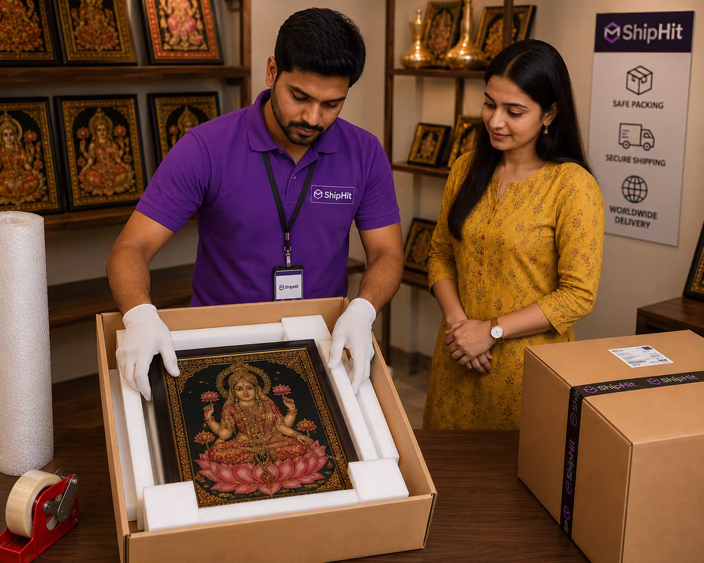 ShipHit team packing a bulk order of Tanjore paintings for international air freight export to the USA UK Canada