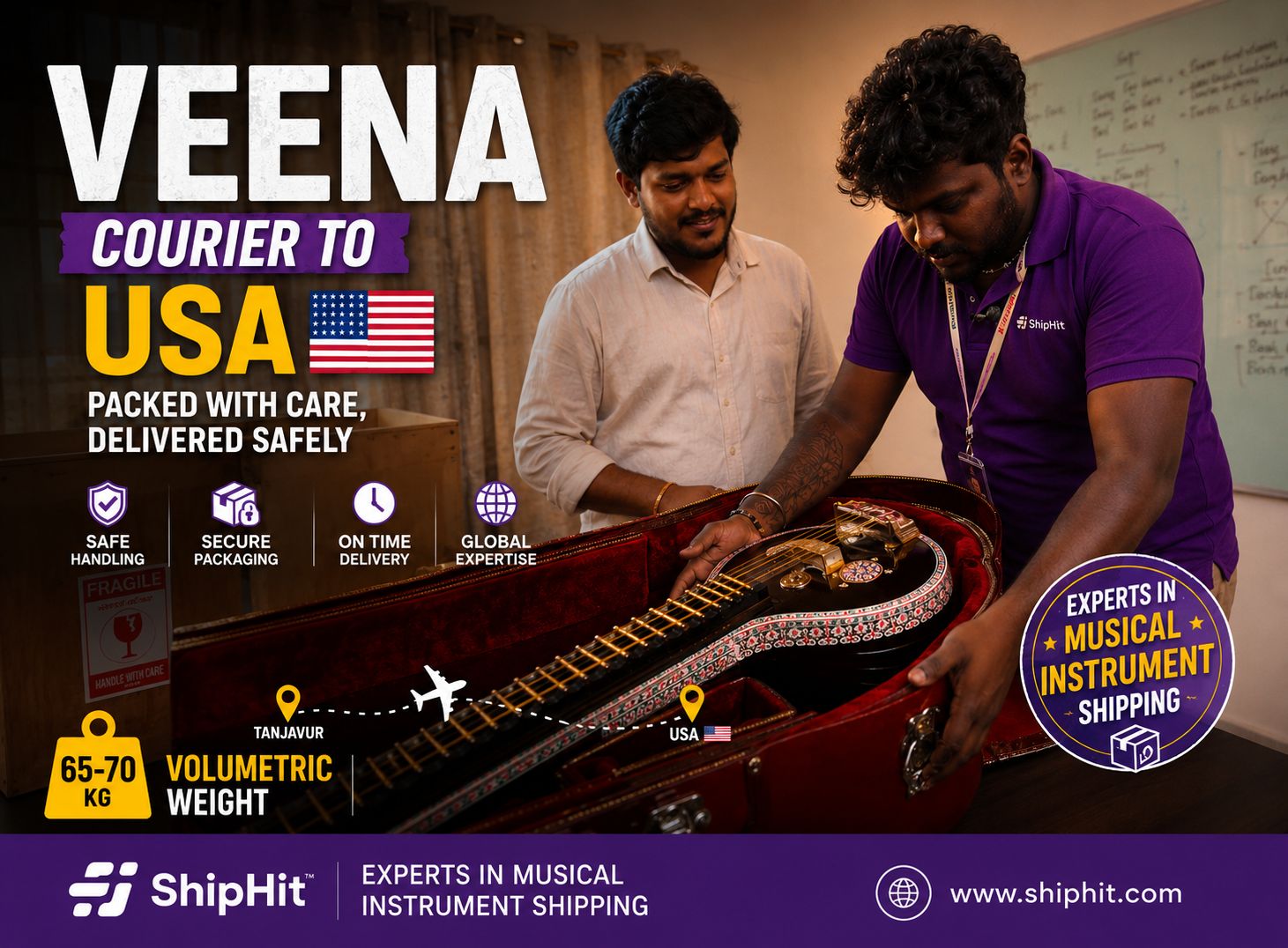 ShipHit — experts in musical instrument shipping — Veena courier from Tanjavur to USA, packed with care and delivered safely